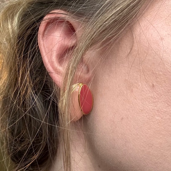 Vintage Napier Pink Enamel Layered Earrings | 1980s Gold Statement Jewelry - Picture 3 of 7